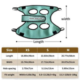TONG Pet Cat Grooming Hammock size chart with measurements for XS, S, and M, featuring dimensions and fit weight details.