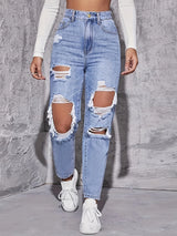 Women Retro Hole Wide-Leg Jeans