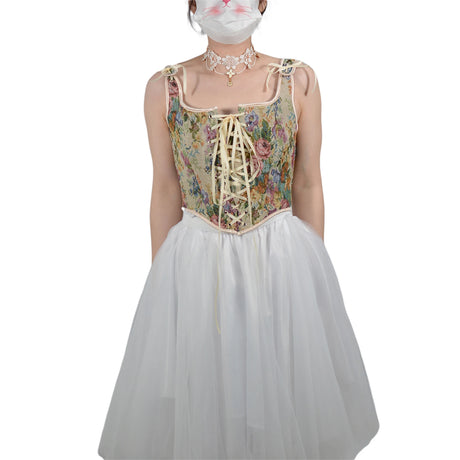 Retro corset cropped camisole party top featuring floral design and lace-up details, paired with a white tulle skirt.
