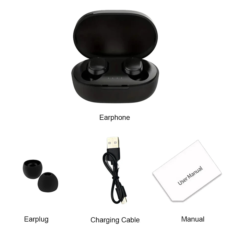 TWS A6S Wireless Bluetooth Headset with earplugs, charging cable, and user manual.