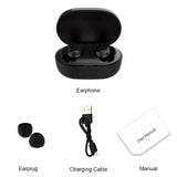 TWS A6S Wireless Bluetooth Headset with earplugs, charging cable, and user manual.