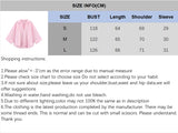 Size information chart for AsymLinen™ wide sleeve linen shirt in pink, detailing measurements and shopping instructions.