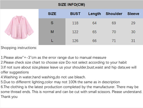 Size information chart for AsymLinen™ wide sleeve linen shirt in pink, detailing measurements and shopping instructions.