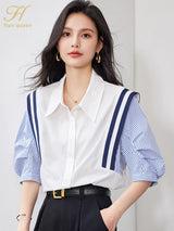 Model wearing StripeMuse™ Colorblock Chiffon Shirt with turn-down collar and puff sleeves, perfect for office casual style.