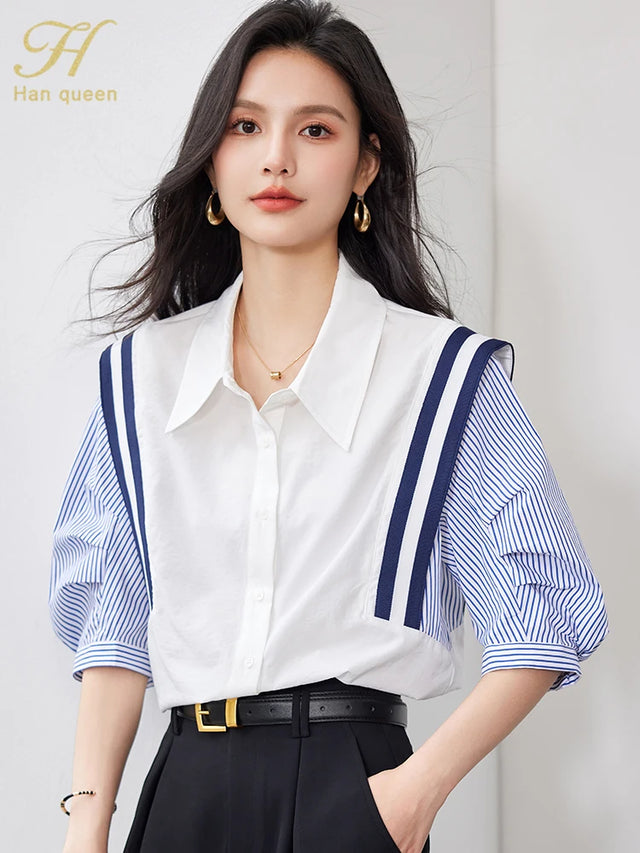 Model wearing StripeMuse™ Colorblock Chiffon Shirt with turn-down collar and puff sleeves, perfect for office casual style.
