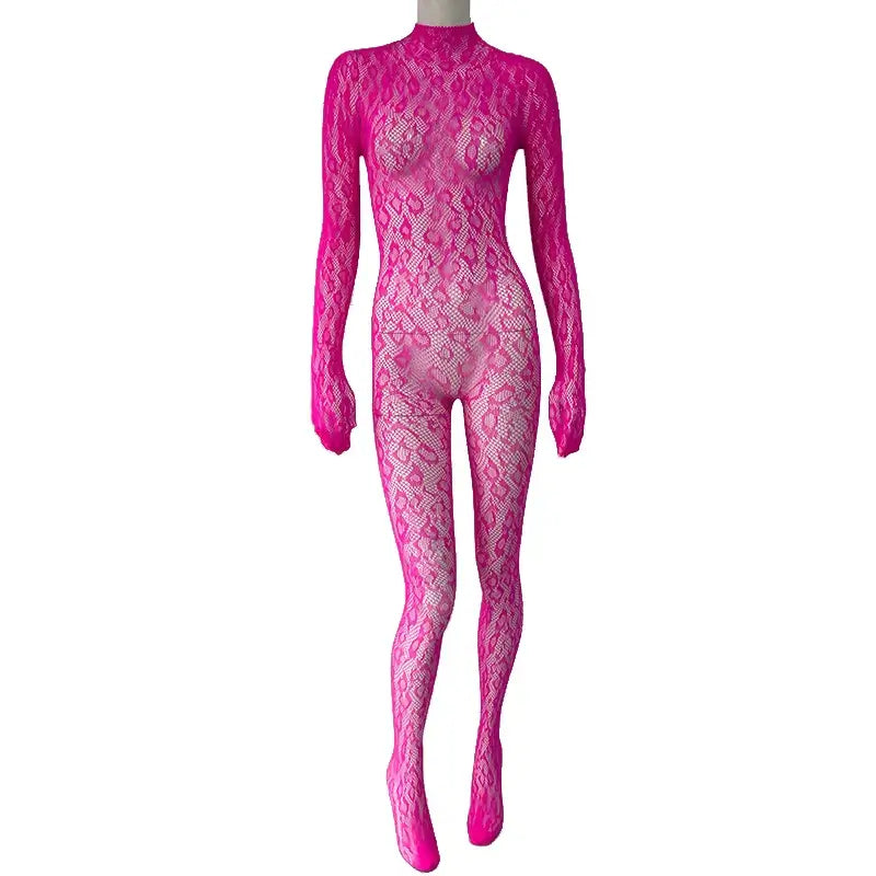 Women Lace Fishnet Long Sleeve Jumpsuit