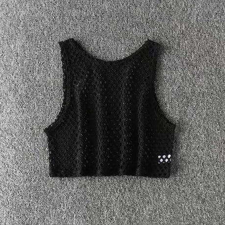 MeshGlow™ Hollow-Out Summer Crop Top in black, breathable fishnet fabric, casual loose fit, perfect for warm weather.