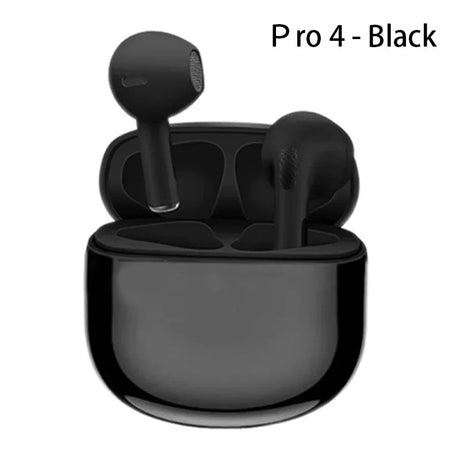 Pro 4 TWS Wireless Airbuds in black with charging case, featuring waterproof design and Bluetooth 5.0 connectivity by BULIAN.