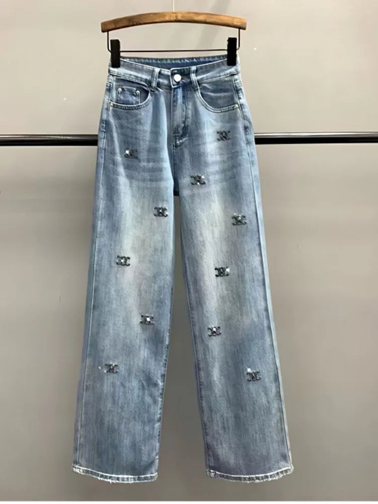ShineEdge™ – Embroidered Diamond Jeans (Light Blue, Loose Wide Leg)