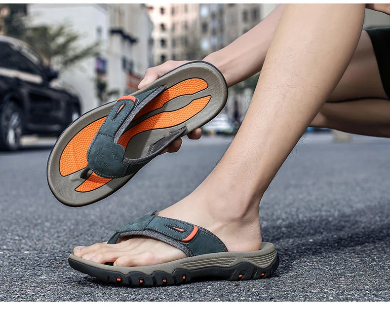 Men Cow Leather Beach Flip Flops Sandals