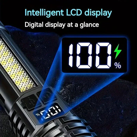 Heinast High Power LED Flashlight with intelligent LCD display showing 100% battery life, ideal for camping and outdoor use.