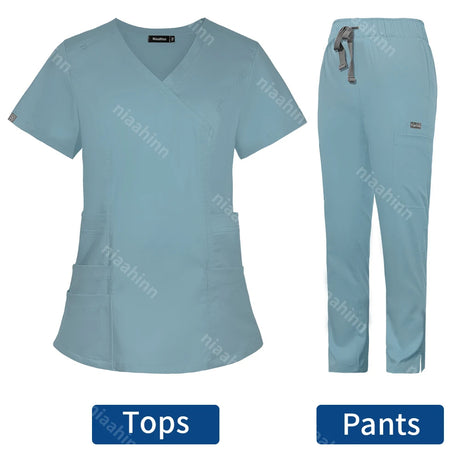 Light blue veterinarian scrub set with V-neck top and pants, designed for women professionals in beauty and veterinary work.