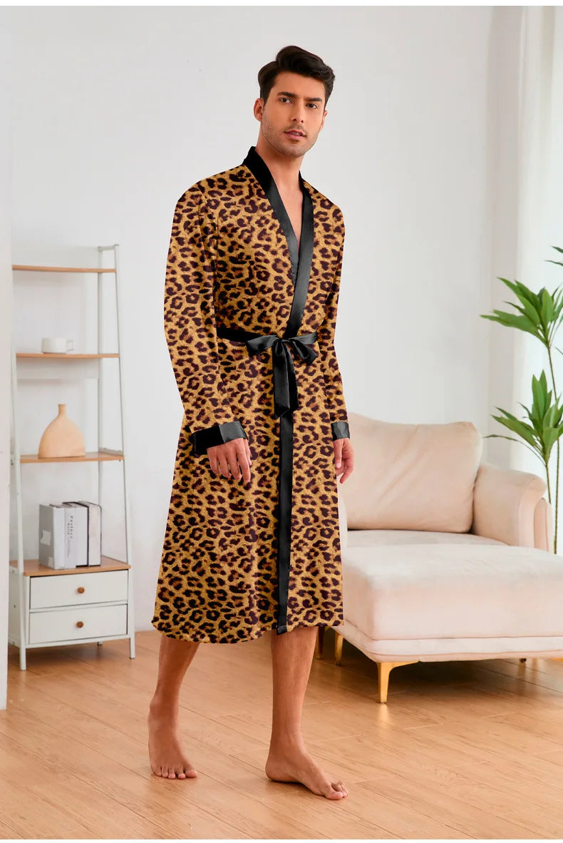 Men’s Leopard Satin Bathrobe Set