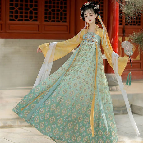 Elegant Tang Suit Hanfu for women in green and yellow, perfect for Halloween cosplay or traditional events.
