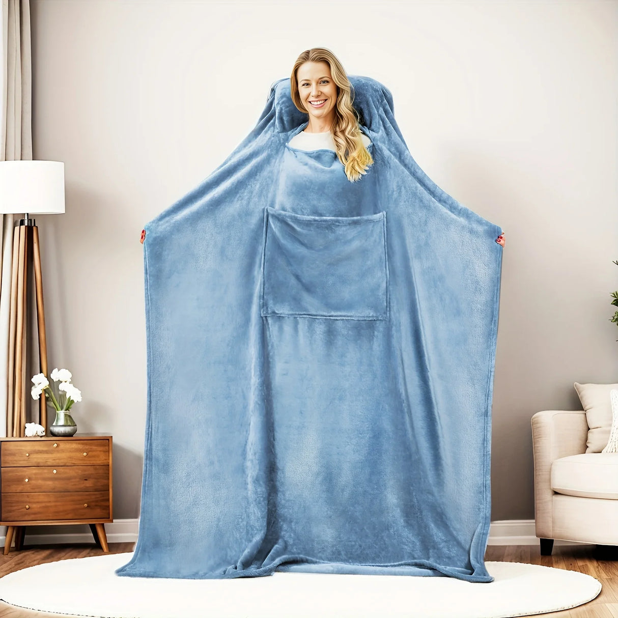 Comfortable Blue Flannel Blanket with Pillow