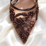 Women’s Brown Embroidered Mesh High Heel Sandals