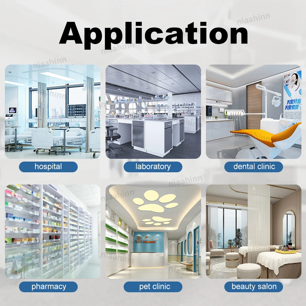 Collage showing applications of scrub uniforms in hospital, laboratory, dental clinic, pharmacy, pet clinic, and beauty salon.