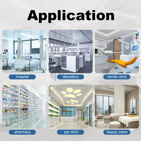 Collage showing applications of scrub uniforms in hospital, laboratory, dental clinic, pharmacy, pet clinic, and beauty salon.
