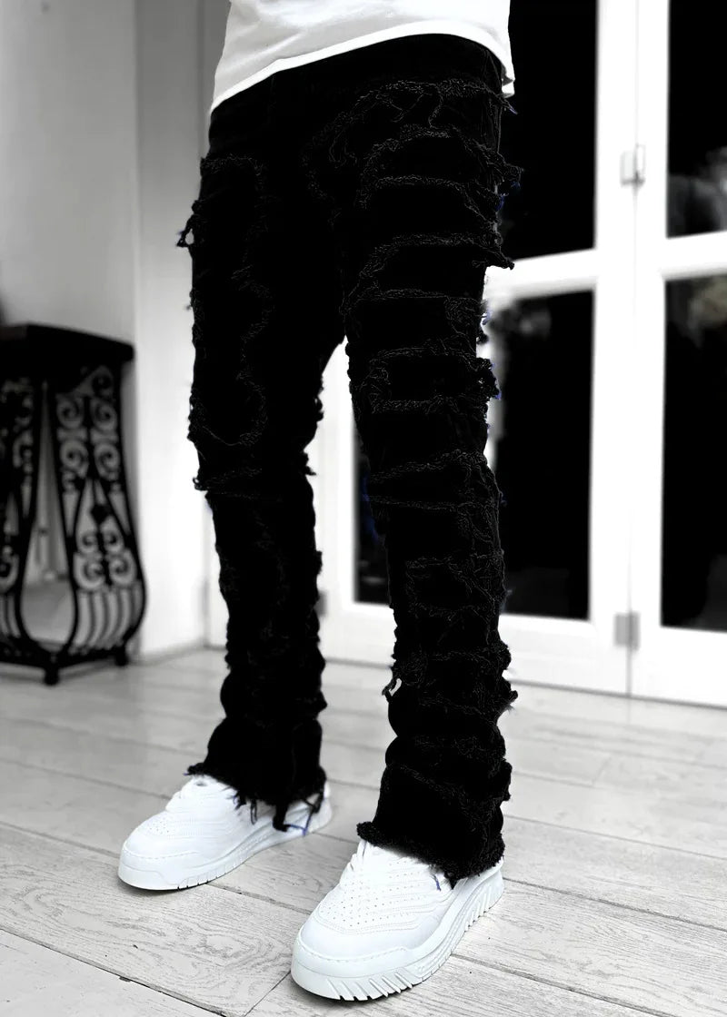 Men Patchwork Stacked Jeans