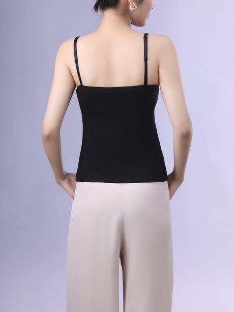 Back view of the Bralux™ built-in bra camisole with adjustable straps in solid black.