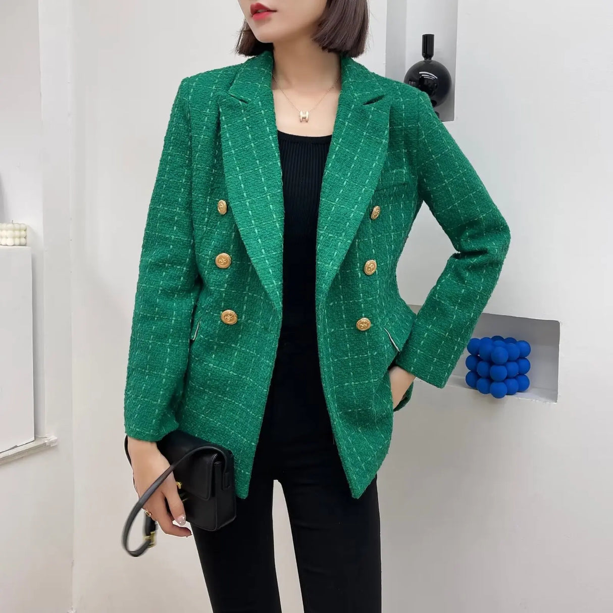 Plaidure™ – Double-Breasted Blazer (Vintage Long Sleeve with Smart Pocket Style)