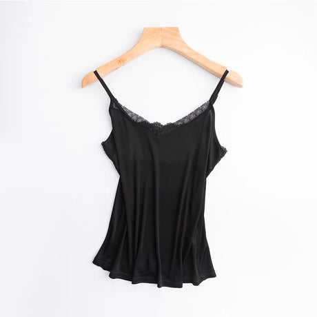 LuxeLace™ silk camisole tank top in black, sleeveless with lace trim, perfect for a comfortable fit.