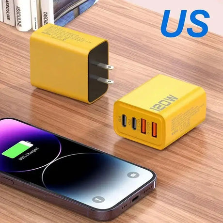 120W USB Type C fast charger displayed next to a smartphone with charging screen, perfect for all devices.
