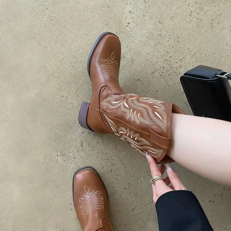 Women Mid Calf Boots Rose Embroidery Leather