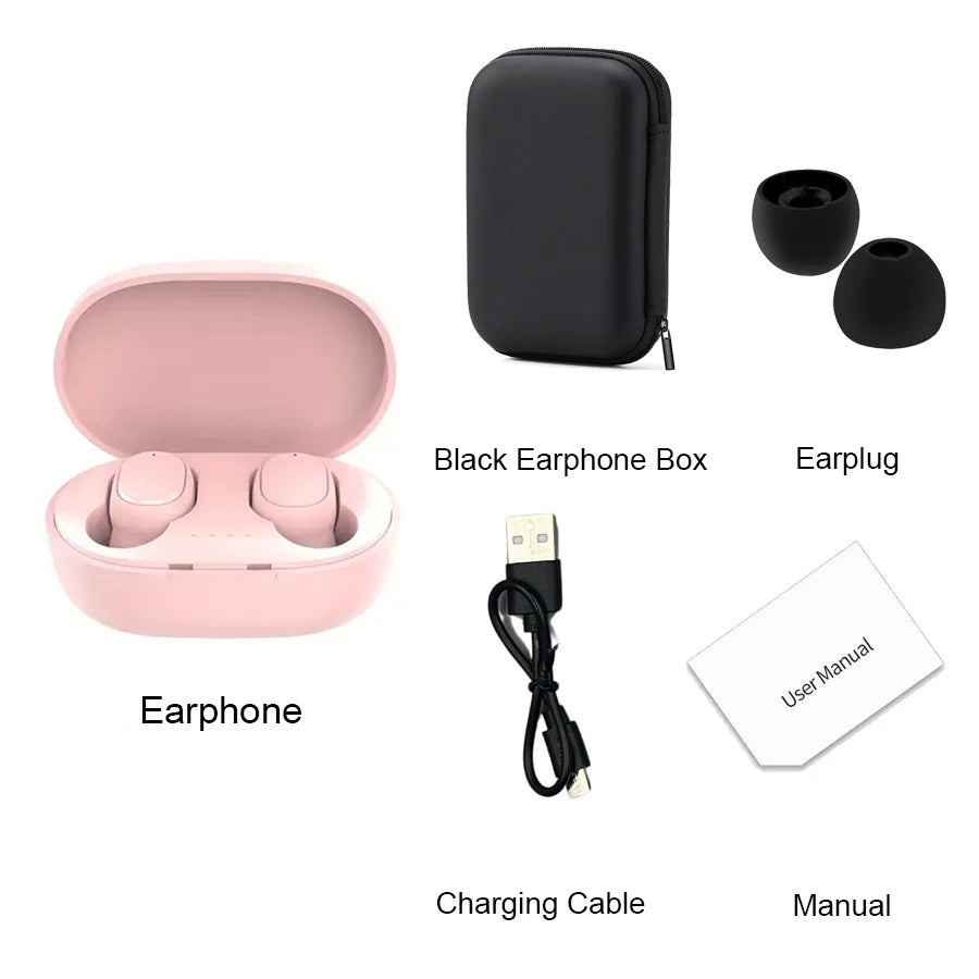 TWS A6S Wireless Bluetooth Headset set including earphones, charging cable, earplugs, manual, and black storage box.