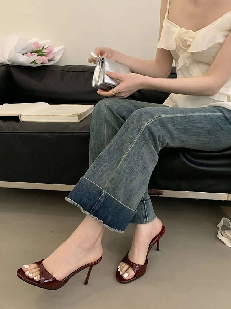 Women’s Wine Red Patent Leather High Heel Mules
