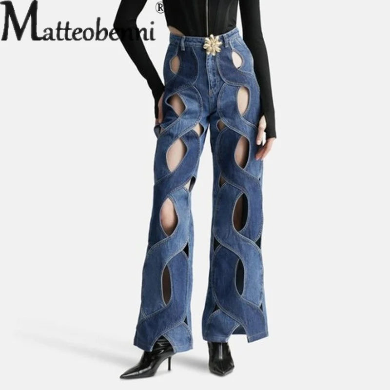 Women Hollow Out Stripe High Waist Jeans