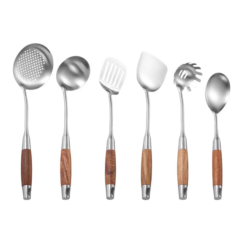 7-Piece Stainless Steel Utensil Set with Wooden Handle