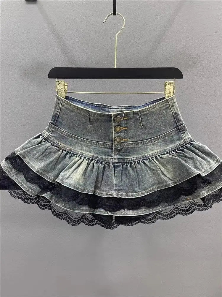 LaceFold™ – Pleated Denim Skirt with Shorts (American Spicy Girl)