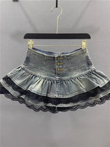 LaceFold™ – Pleated Denim Skirt with Shorts (American Spicy Girl)
