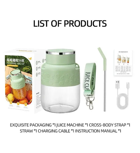 Wireless portable juicing bucket kit with accessories and packaging, includes juice machine, straw, and charging cable.