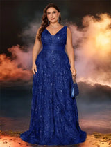 Women Plus Size Sequin Evening Dress Deep V Prom Gown
