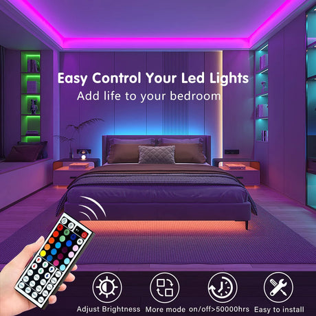 RGB LED strip lights enhance bedroom ambiance with easy remote control and adjustable brightness.