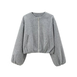 Women Red Zipper Cropped Bomber Jacket