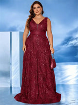 Women Plus Size Sequin Evening Dress Deep V Prom Gown
