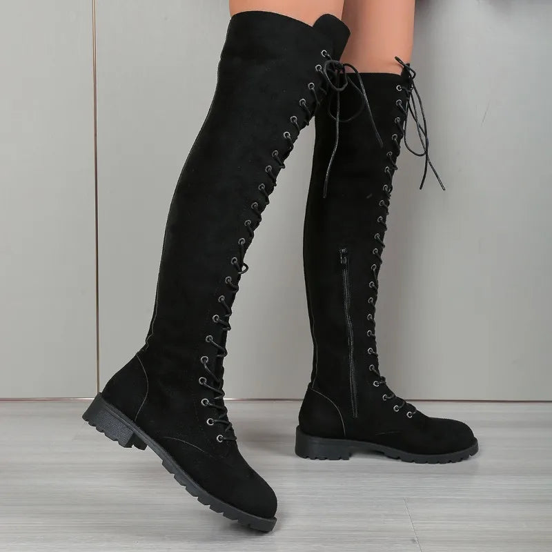 Suede Over Knee Lace-up Boots – Flat Non-Slip 2025