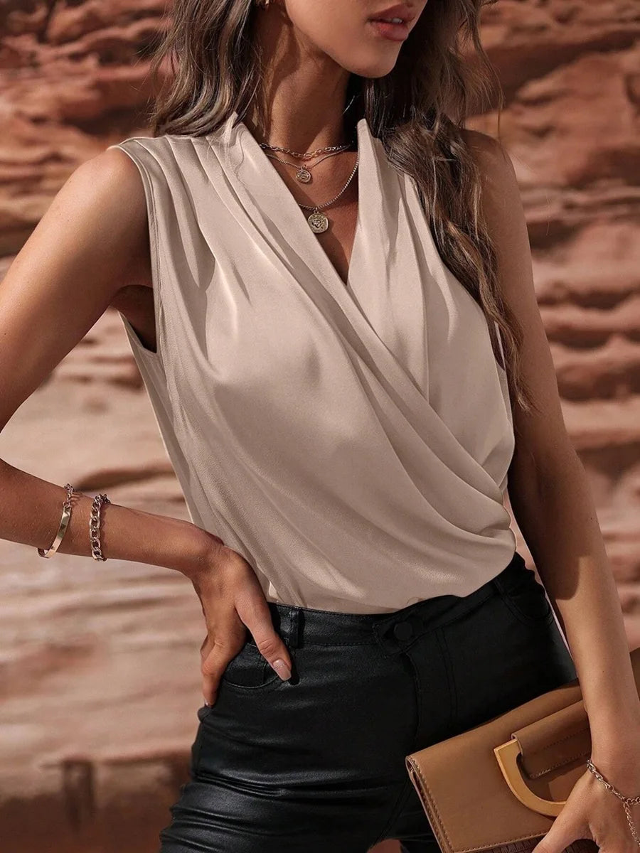 Women Sleeveless Satin Pleated Blouse