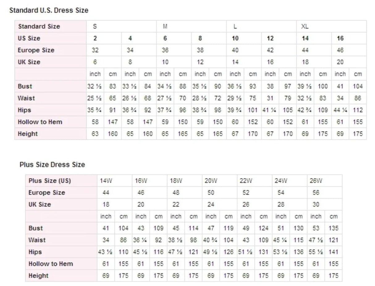 Standard U.S. dress size chart for women's regular and plus sizes with detailed measurements.