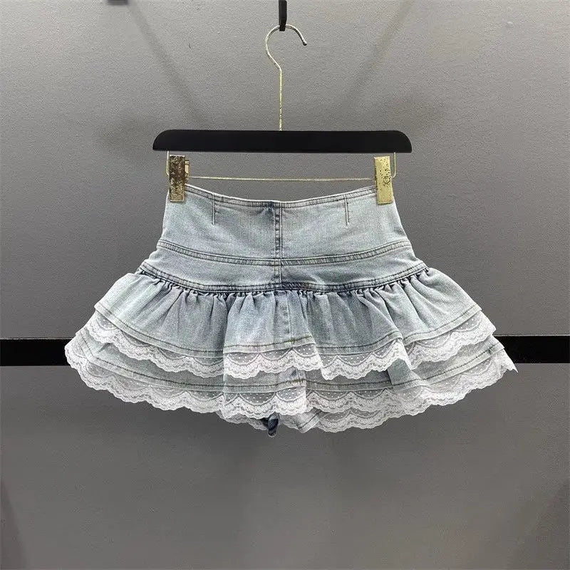 LaceFold™ – Pleated Denim Skirt with Shorts (American Spicy Girl)