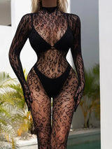 Women Lace Fishnet Long Sleeve Jumpsuit