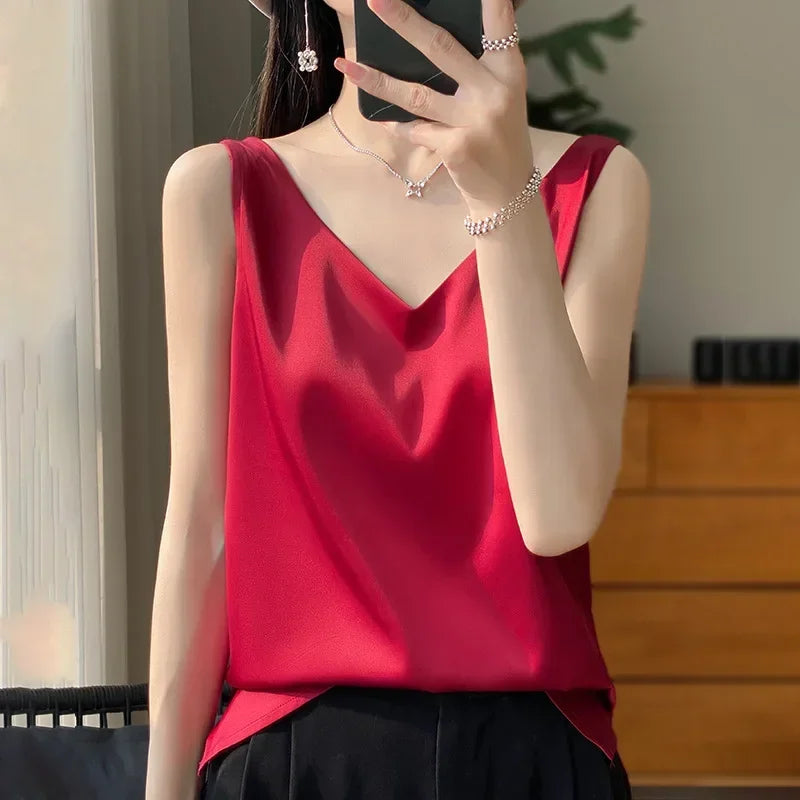 Ice Silk Satin V‑Neck Camisole Crop Top
