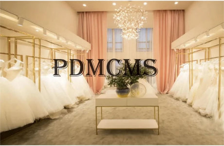 Boutique interior displaying elegant wedding dresses in soft lighting with chic decor.