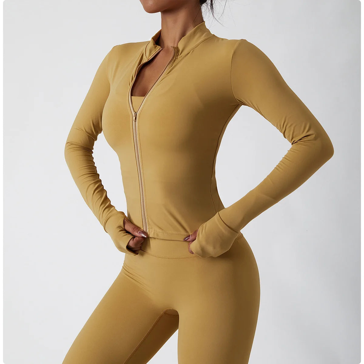 Women's Zip Long Sleeve Yoga Jacket – Slim Fit Gym Training Top
