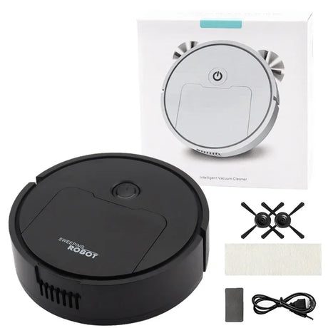 Smart 3-in-1 sweeping robot for suction and mopping, packaged with accessories, showcasing its modern design.