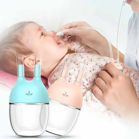 Baby nose cleaner tool being used on an infant, featuring a blue and pink nasal aspirator for easy mucus removal.