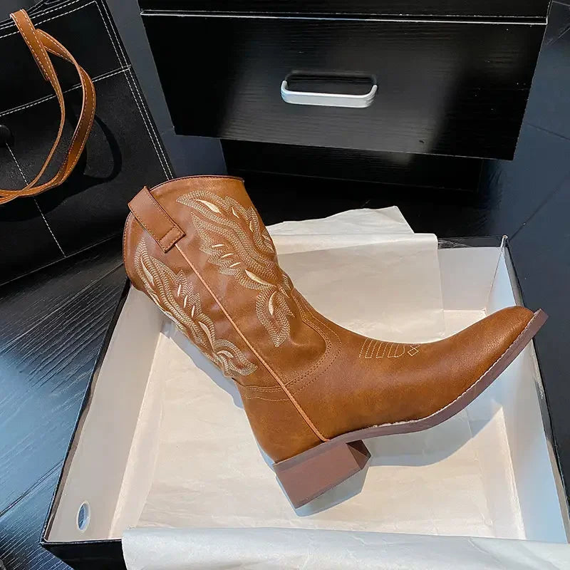 Women Mid Calf Boots Rose Embroidery Leather